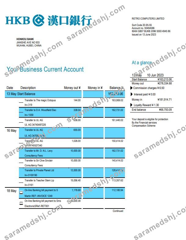 Honkou Bank business bank statement